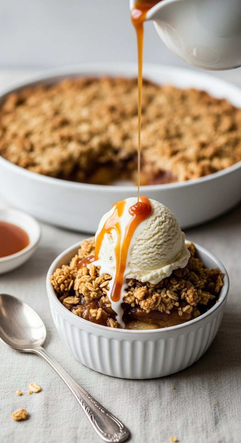 Warm Apple Crisp With Melting Vanilla Bean Ice Cream &Amp; Caramel Drizzle In Rustic White Bowl. Delicious Dessert Serving.