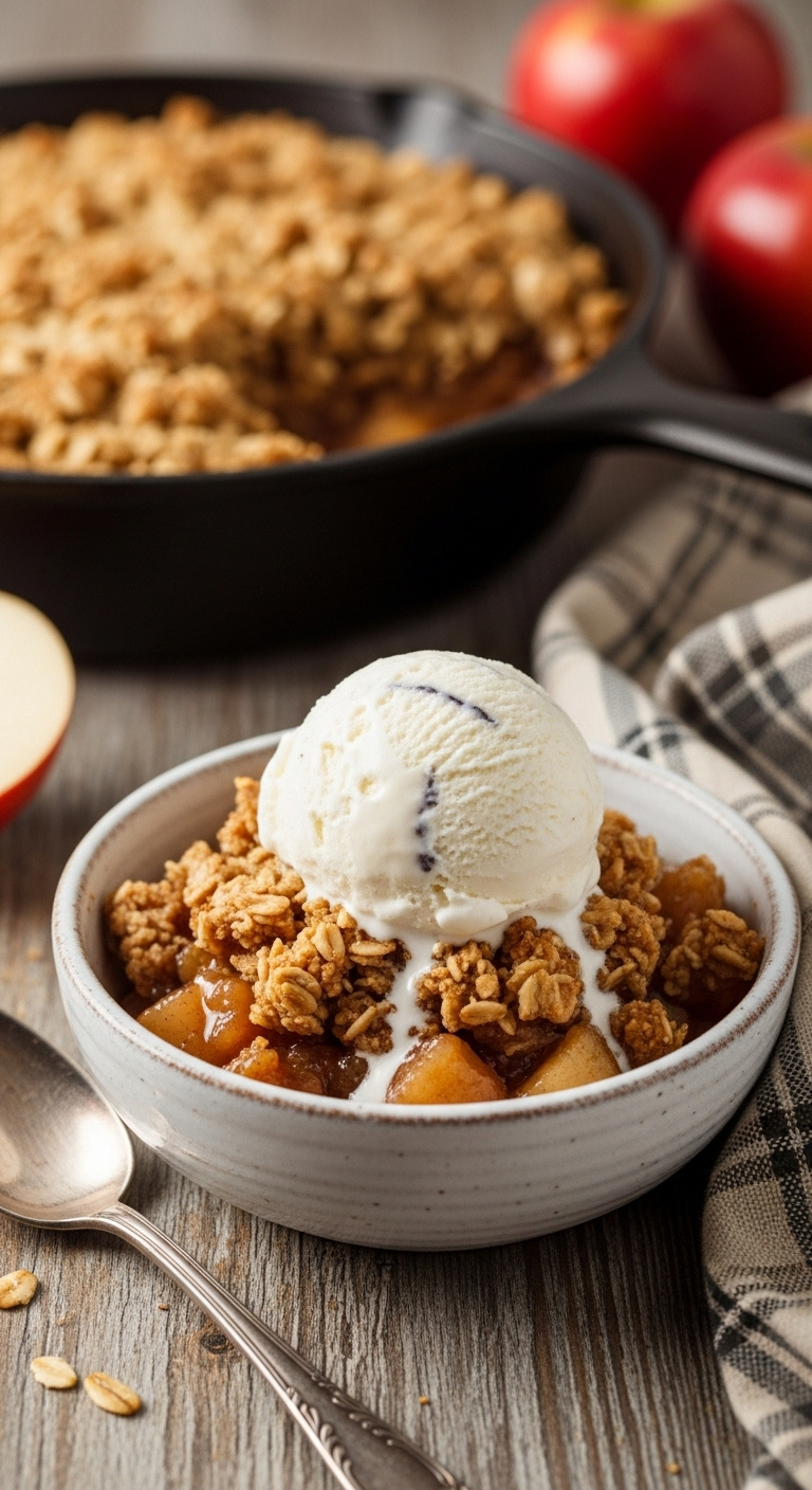 Warm Apple Crisp With Melting Vanilla Bean Ice Cream In A Rustic Bowl On A Wood Table With A Vintage Spoon And Apples