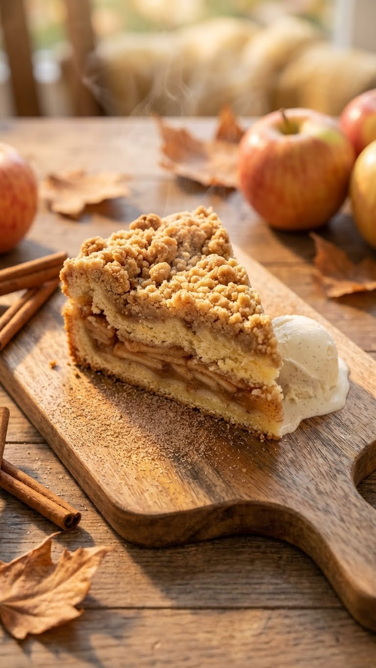Warm Apple Crumble Cake Slice With Golden Streusel, Rich Apple Filling, Cinnamon, And Melting Ice Cream On A Rustic Table.