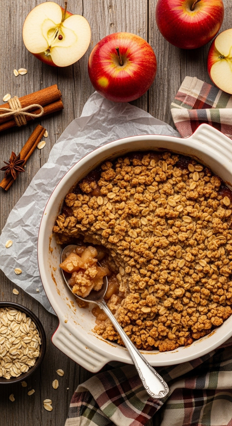 Warm Apple Crumble Crisp In A Ceramic Dish, Gooey Cinnamon Apple Filling, Crunchy Oat Topping, Fresh Apples, And Cinnamon Sticks.