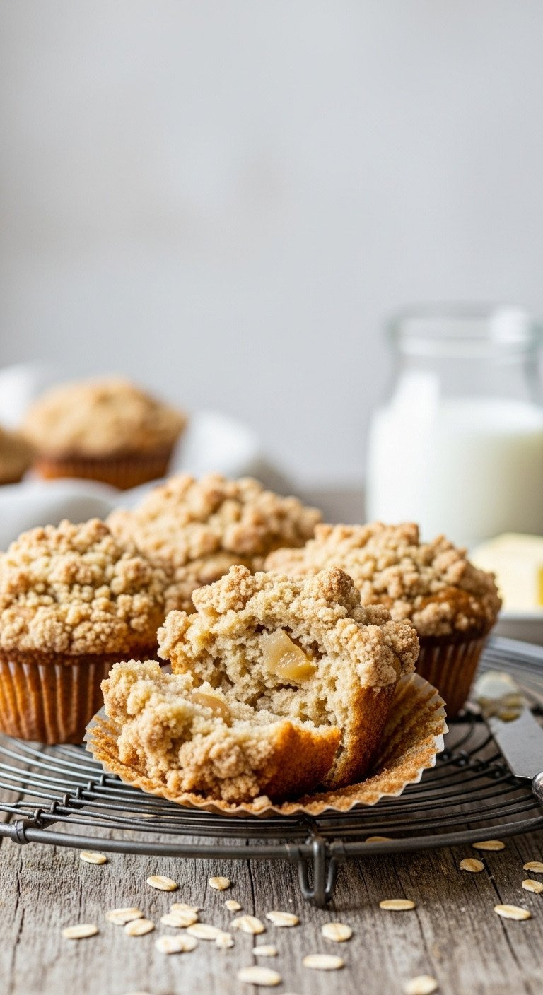 Warm Apple Crumble Muffins, One Broken Open Revealing Apple Interior, Golden Streusel Topping On Cooling Rack.