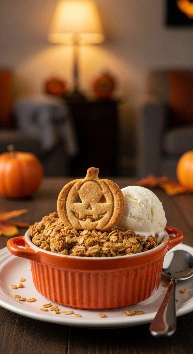 Warm Apple Crumble With A Jack-O'-Lantern Pie Crust Face And Melting Ice Cream In An Orange Ramekin. Festive Halloween Dessert.