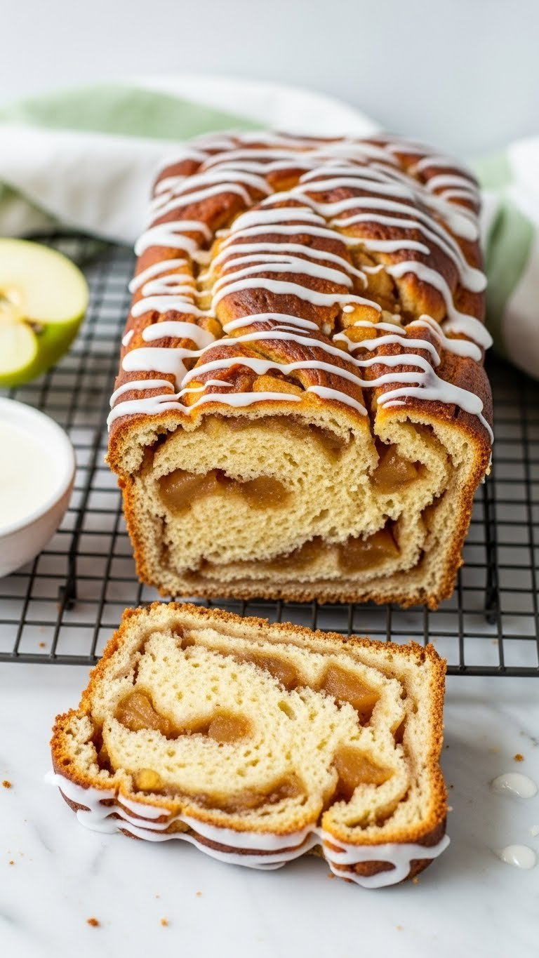 Warm Apple Fritter Bread Loaf With Gooey Apple Chunks, White Glaze Drizzle, And A Slice Showing Internal Texture.