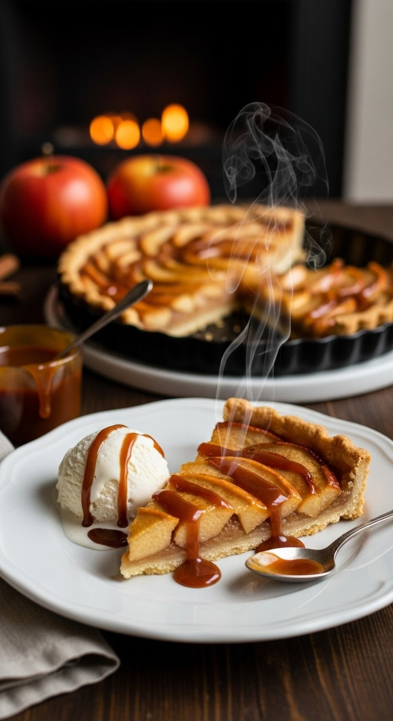 Warm Apple Tart Slice With Melting Vanilla Ice Cream And Caramel Drizzle On A White Plate, With A Spoon On Wood.