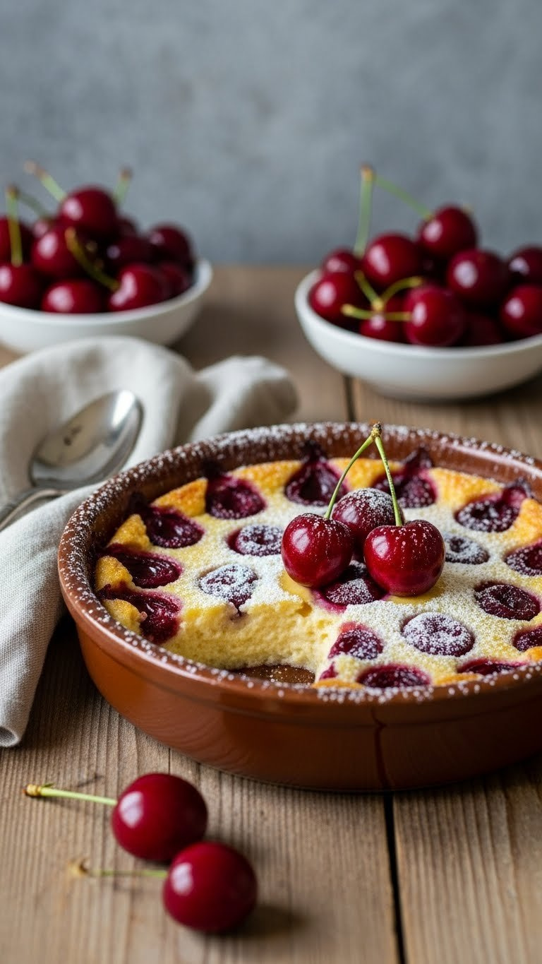 Warm Baked Clafoutis With Fresh Cherries In Rustic Ceramic Dish, Dusted Powdered Sugar, On Wooden Table.