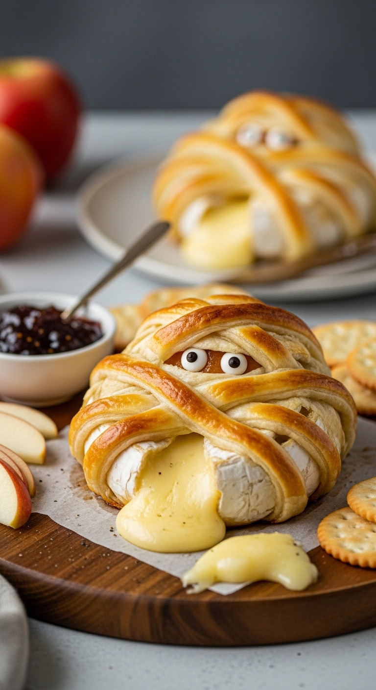 Warm Baked Brie Mummy With Candy Eyes, Flaky Pastry, Fig Jam, Apples, Crackers On A Rustic Wooden Board.