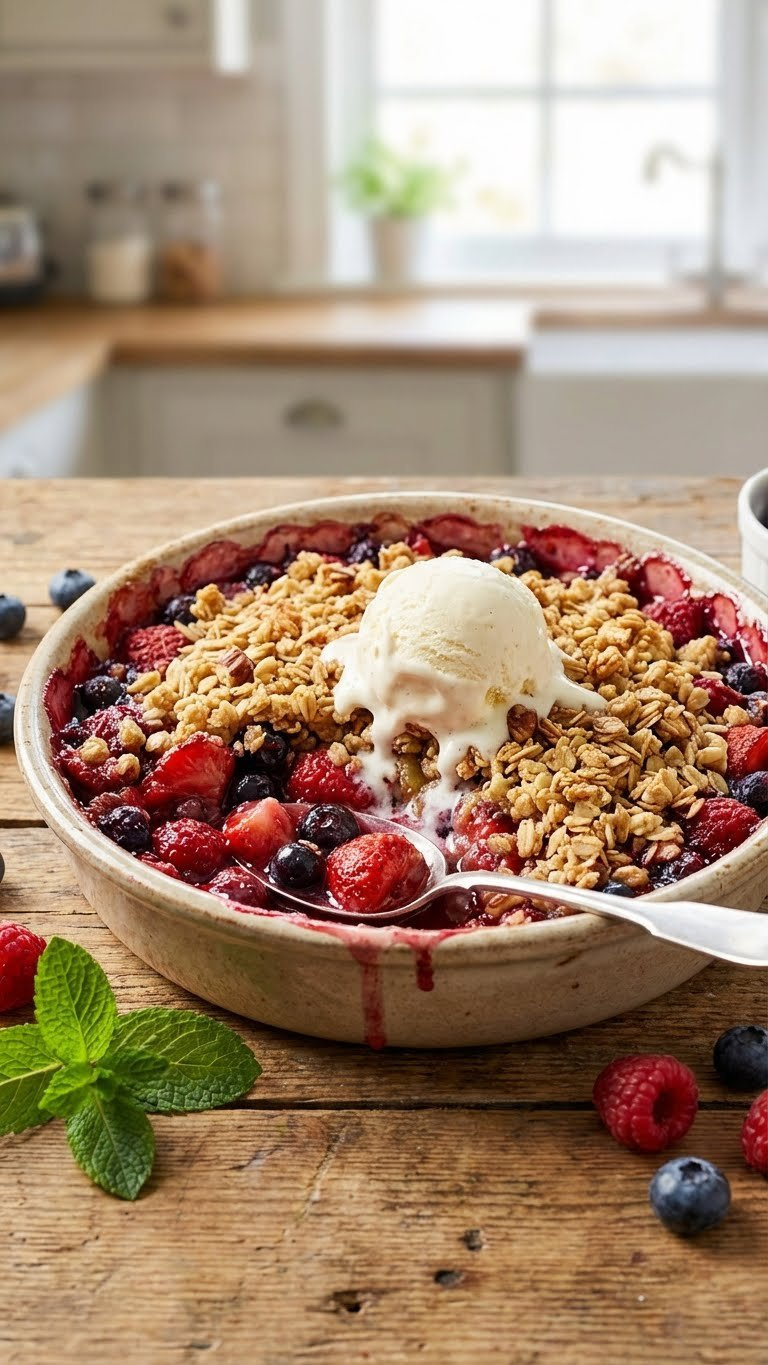 Warm Berry Crumble With Bubbling Mixed Berries, Golden Oat Topping, And Melting Vanilla Ice Cream On A Rustic Table.
