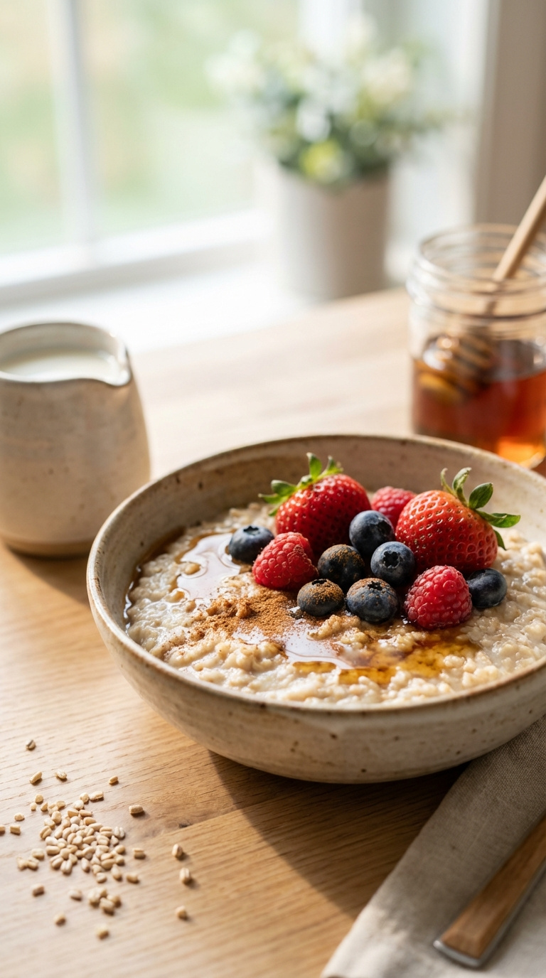 Warm Bowl Of Creamy Steel-Cut Oatmeal Topped With Fresh Berries, Maple Syrup Drizzle, And Cinnamon Sprinkle In Ceramic Bowl.