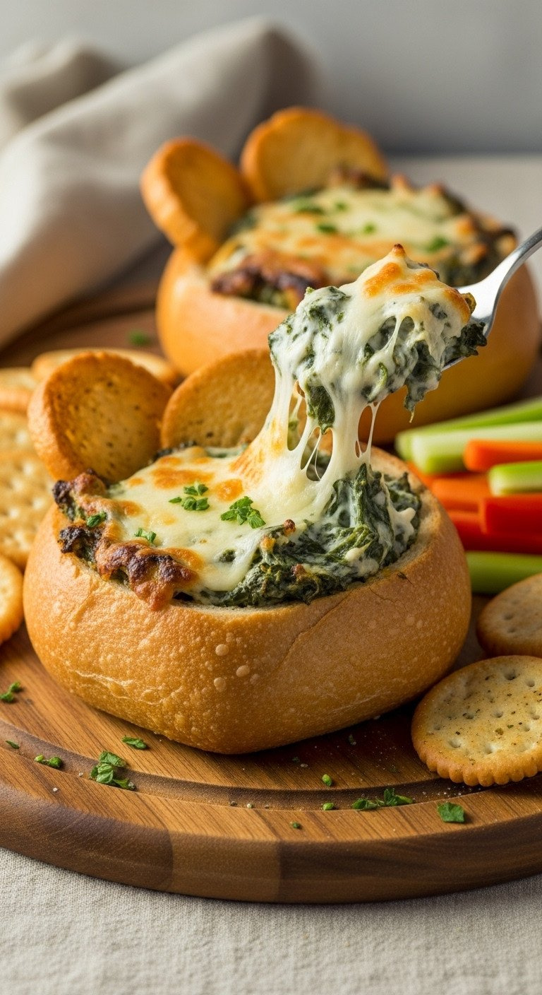 Warm, Bubbling Creamy Spinach Dip In A Rustic Bread Bowl, With Melted Cheese, Crispy Crackers, And Fresh Herbs.
