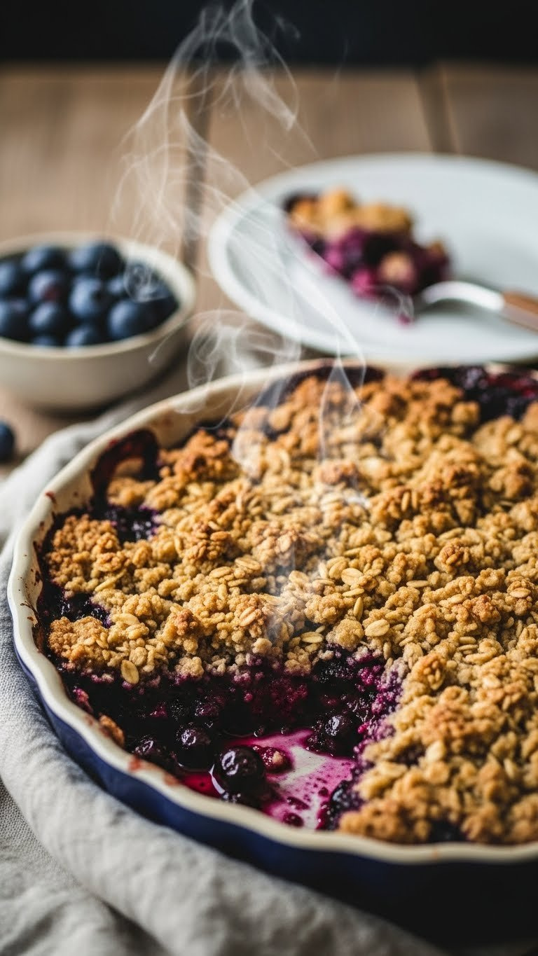 Warm Bubbling Low-Sugar Blueberry Crumble With Golden Oat-Nut Topping In Rustic Ceramic Baking Dish