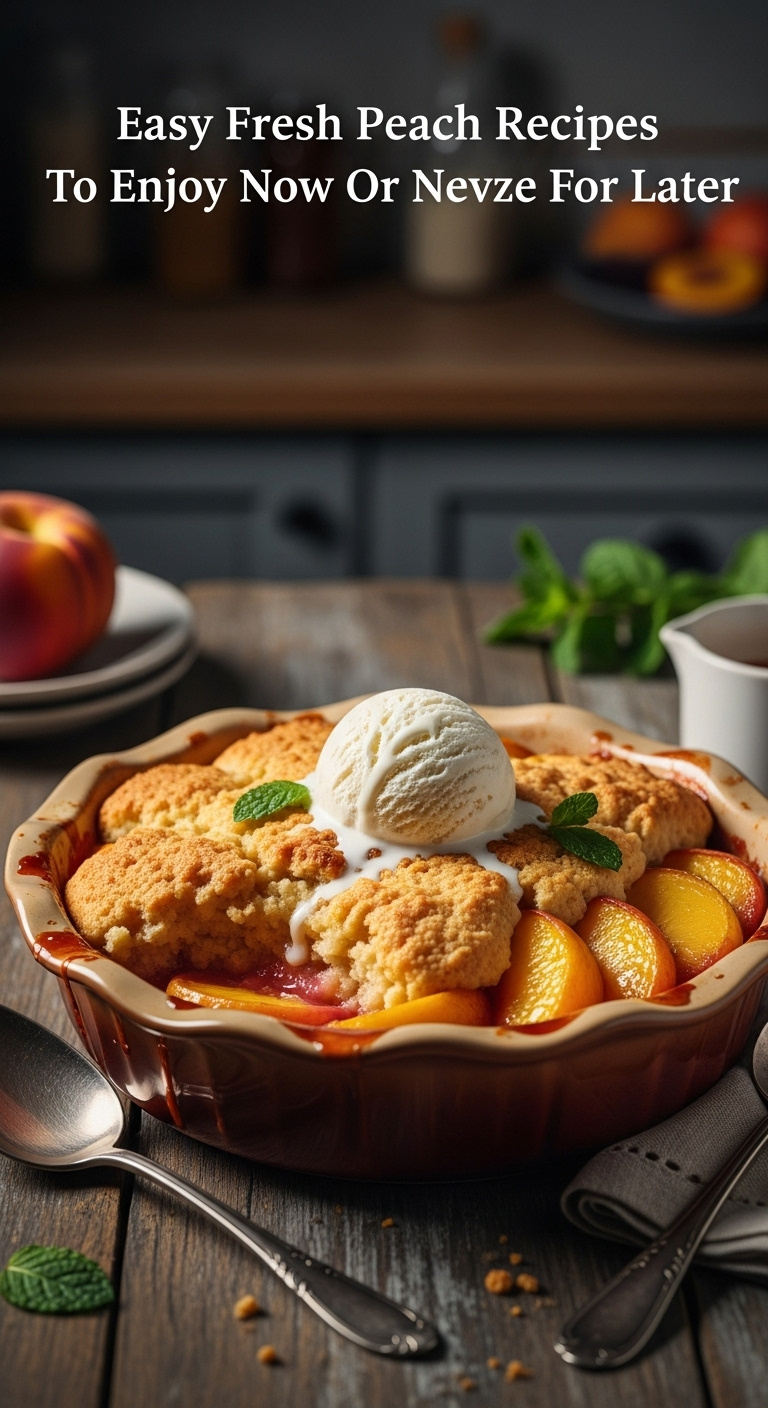 Warm Bubbling Peach Cobbler With Melting Vanilla Ice Cream In A Ceramic Dish On A Distressed Wood Table