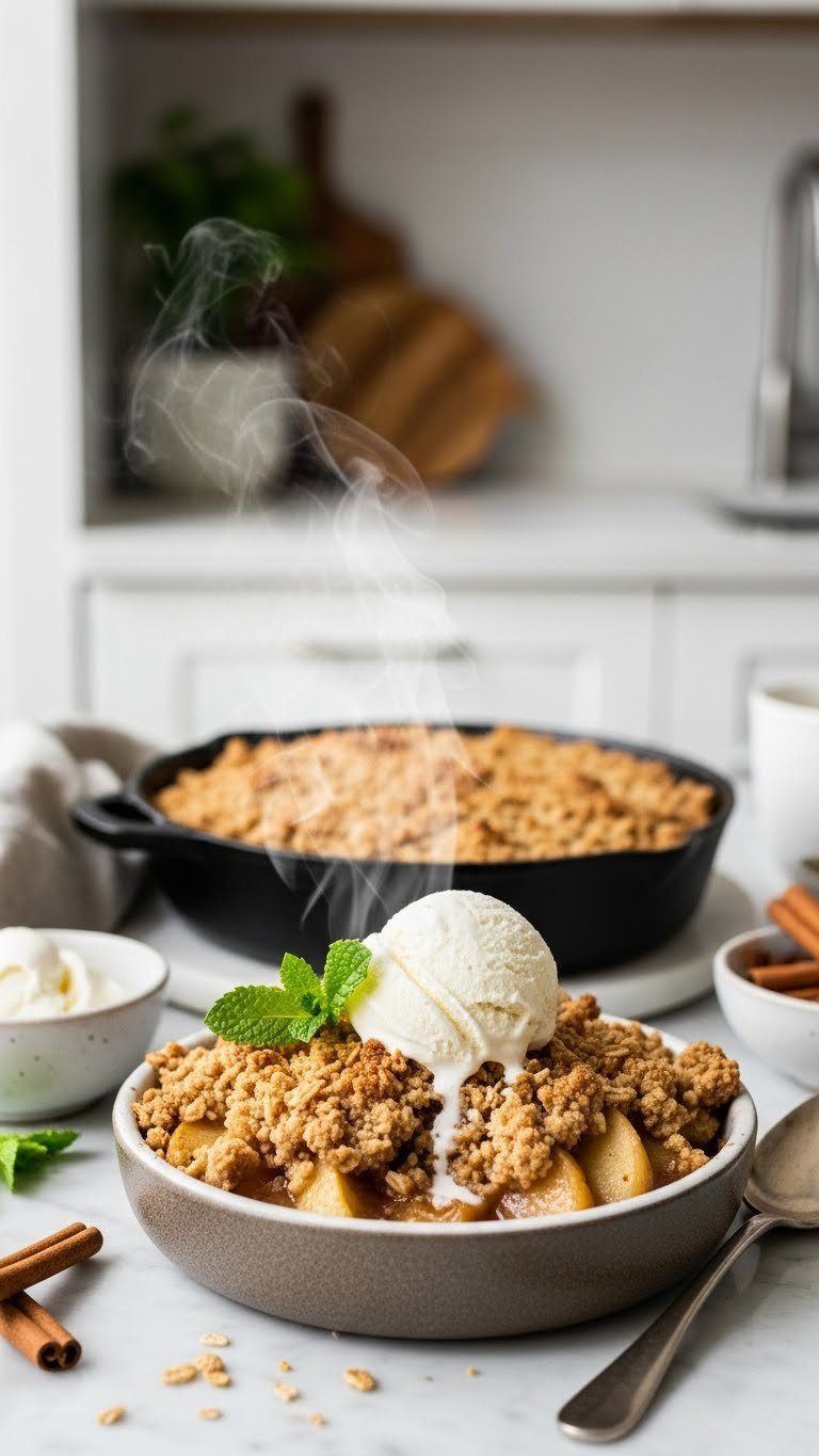 Warm Bubbling Refined Sugar-Free Apple Crisp In Rustic Ramekin With Oat Topping And Dairy-Free Vanilla Ice Cream