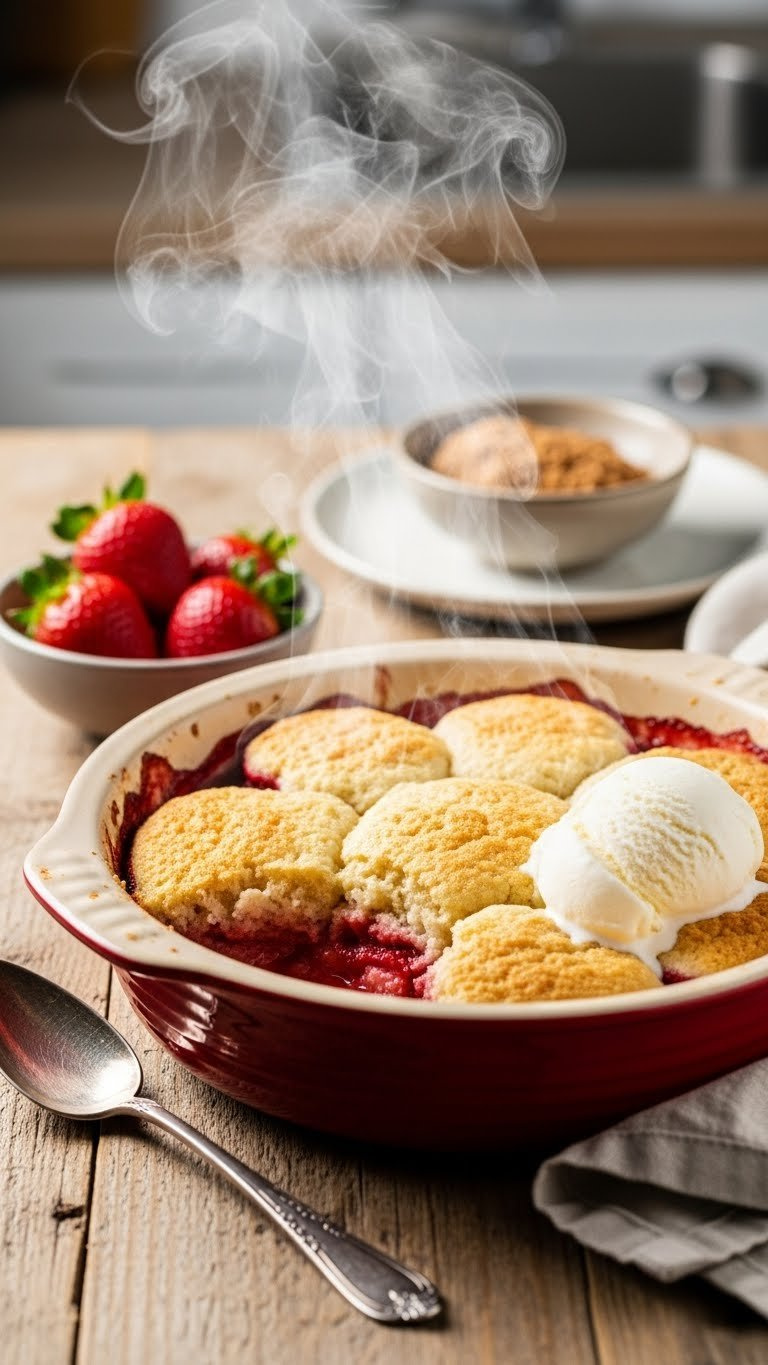 Warm, Bubbling Strawberry Cobbler With Golden Biscuit Topping, Steam, And Melting Vanilla Ice Cream On A Rustic Wooden Table.