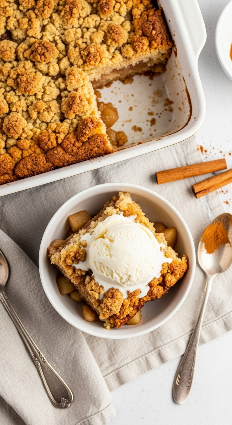 Warm, Bubbly Apple Dump Cake With Gooey Cinnamon Apples, Golden Crumb Topping, Melting Vanilla Ice Cream In A White Bowl, Rustic Setting.