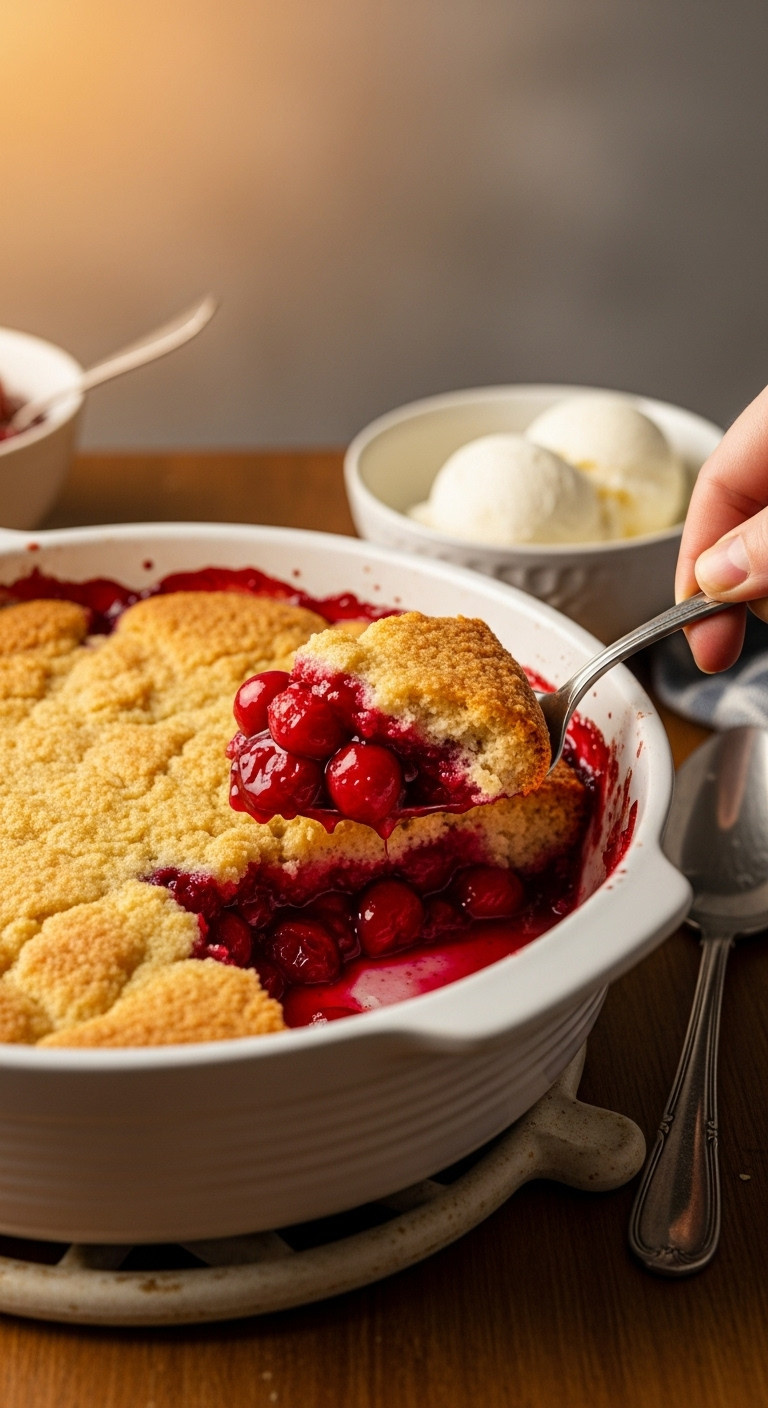 Warm, Bubbly Cherry Cobbler In A White Dish, Scoop Revealing Vibrant Red Cherry Filling Under Golden-Brown Topping, Cozy Light.