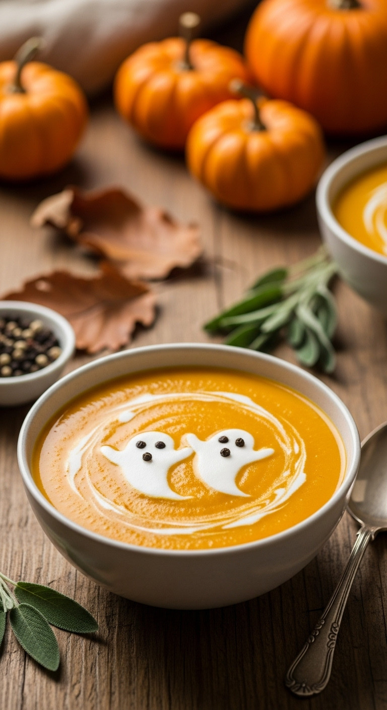 Warm Butternut Squash Soup, Coconut Cream Ghosts, Peppercorn Eyes In Autumnal Bowl, Sage, Spoon, Rustic Table, Fall Decor. Cozy Halloween.
