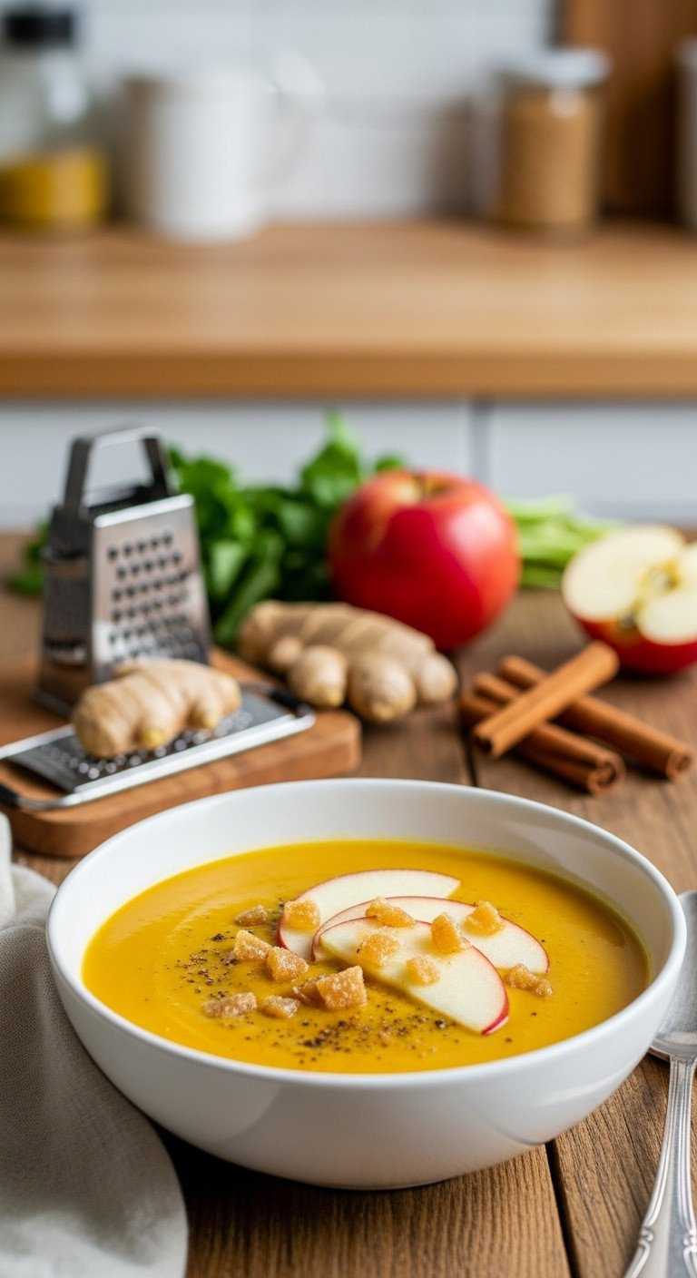 Warm Butternut Squash Soup With Apple Slices, Candied Ginger. Sweet, Aromatic Flavor In White Bowl On Rustic Wood. Cozy Autumn Recipe.