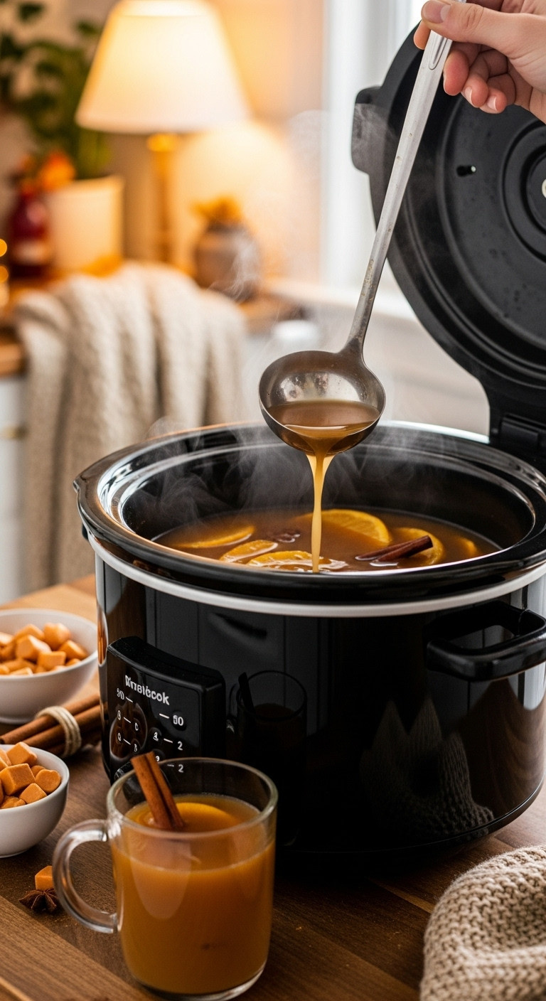 Warm Butterscotch Mulled Cider In A Black Slow Cooker With Steam Rising, Being Ladled Into A Glass Mug In A Cozy Kitchen