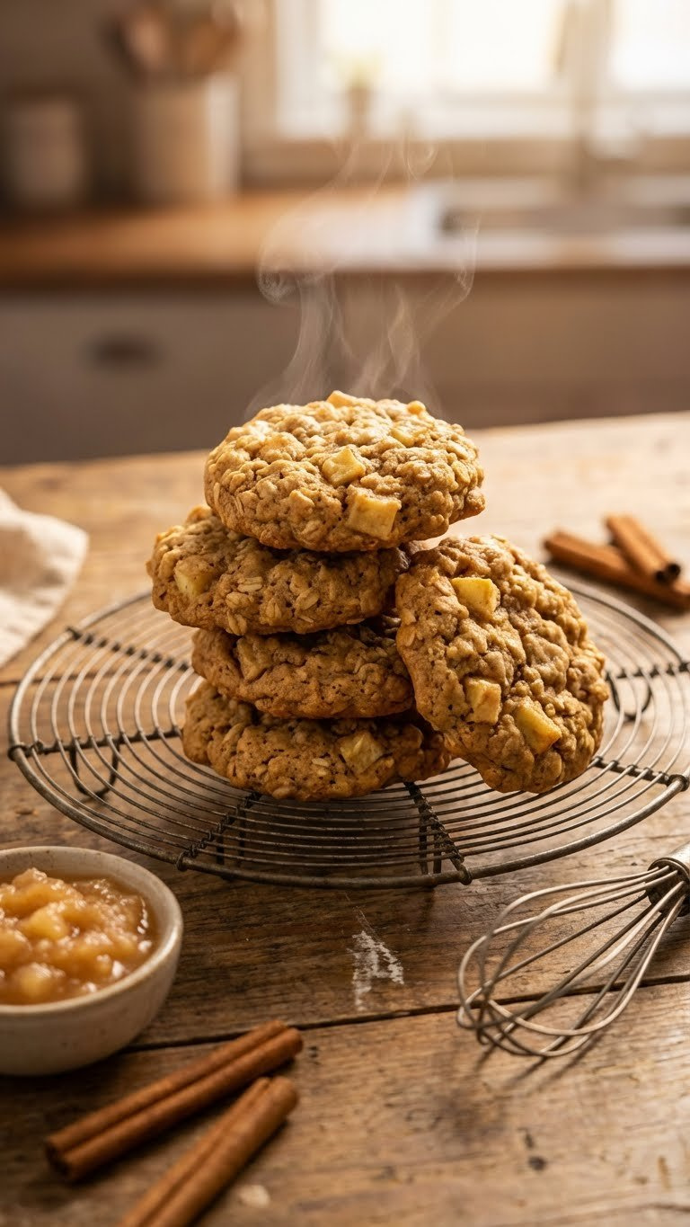 Warm, Cakey Oatmeal Cookies, Baked With Applesauce As An Egg Substitute, Stacked On A Rustic Cooling Rack, With Cinnamon.
