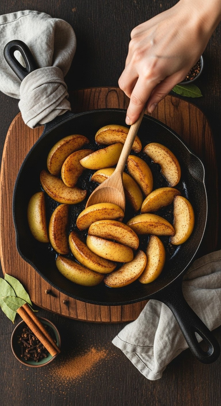 Warm, Caramelized Apple Slices With Cinnamon Spice, Stirred In A Cast-Iron Skillet With A Wooden Spoon On A Dark Rustic Surface.