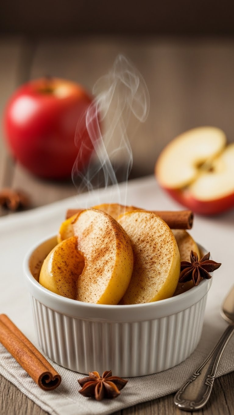 Warm Caramelized Baked Apple Slices With Cinnamon In White Ceramic Ramekin On Linen Tablecloth