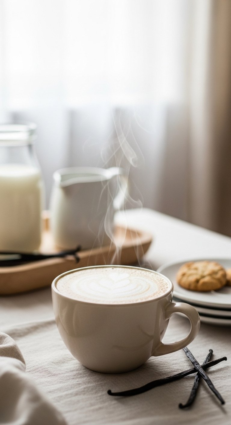 Warm Ceramic Mug Holding Perfectly Foamed Vanilla Latte With Delicate Ripples And Inviting Steam On Light Surface.