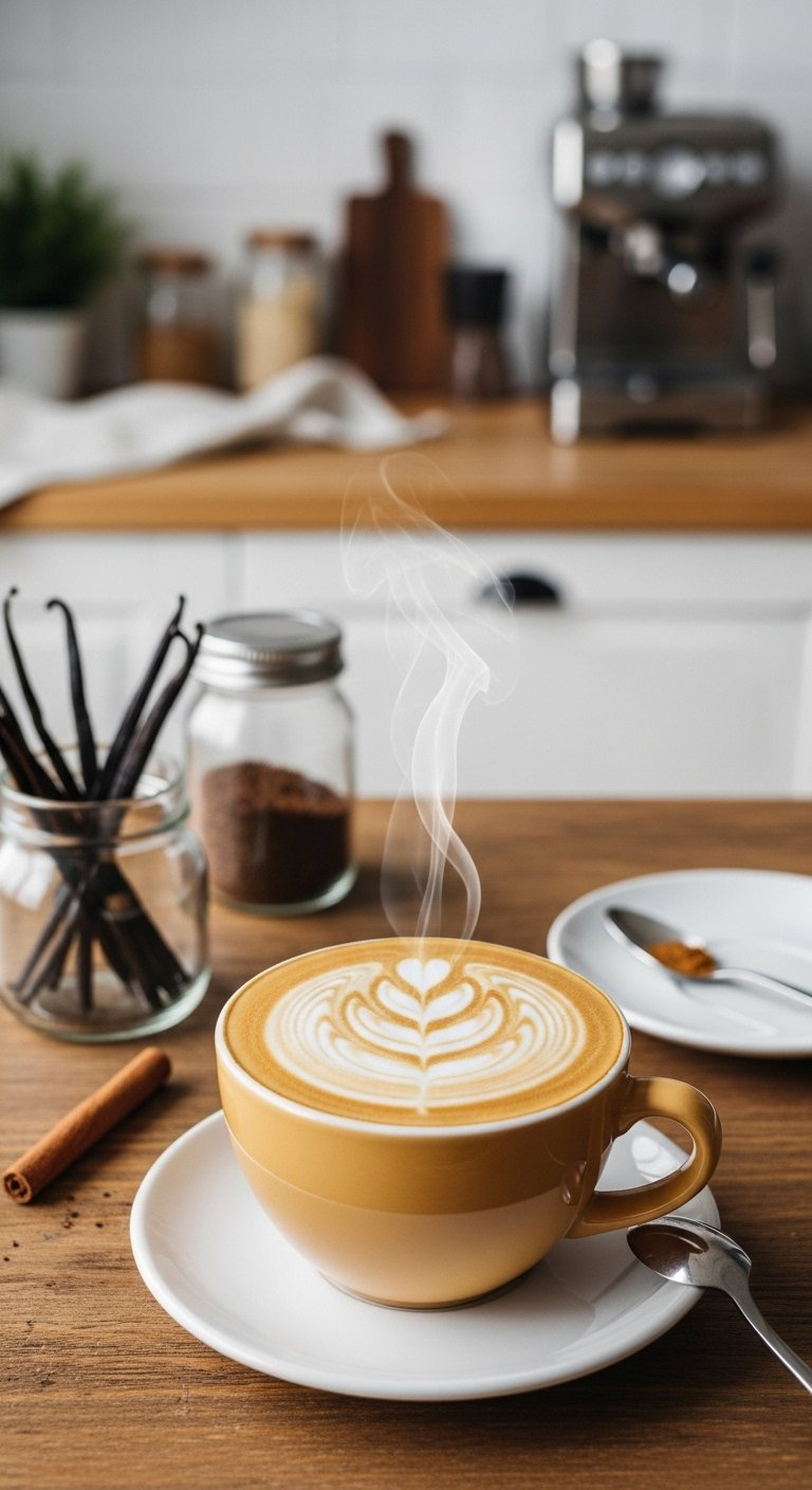 Warm Ceramic Mug Of Vanilla Latte With Intricate Leaf Art And Frothed Milk On A Rustic Wooden Table.