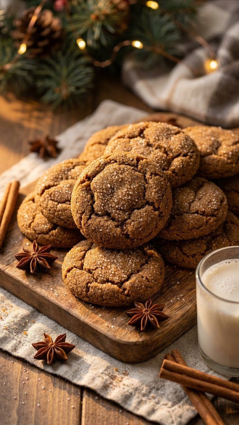 Warm, Chewy Gingerbread Spice Drop Cookies With A Glistening Sugar Coating On A Rustic Wooden Board With Cinnamon Sticks.