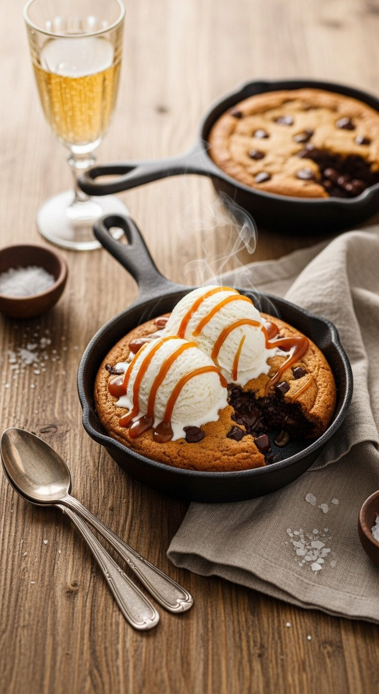 Warm Chocolate Chip Cookie Skillet With Vanilla Ice Cream, Caramel Sauce, Steam, Spoons On Rustic Wooden Table.