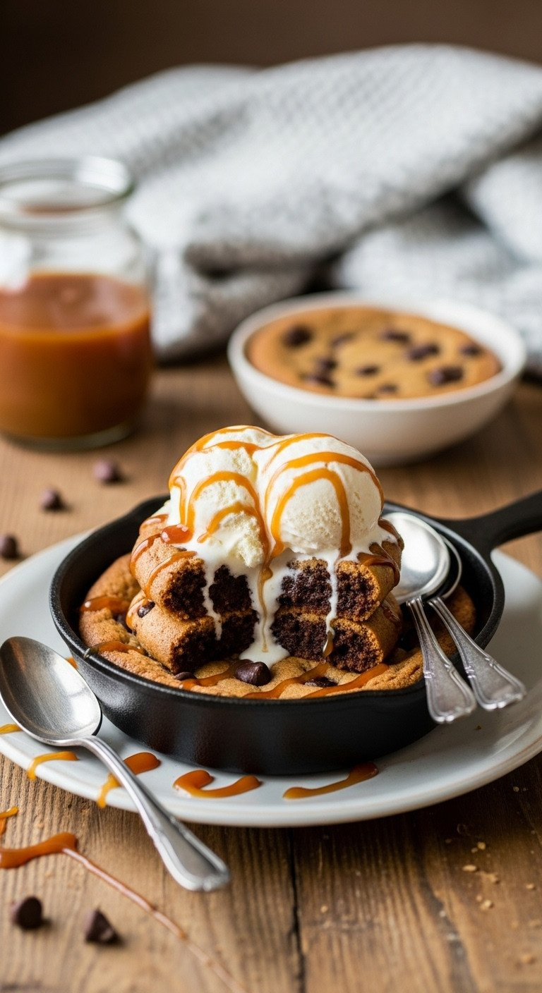 Warm Chocolate Chip Skillet Cookie With Melting Vanilla Ice Cream &Amp; Caramel In A Cast Iron Pan On A Rustic Table. Cozy Dessert For Two.