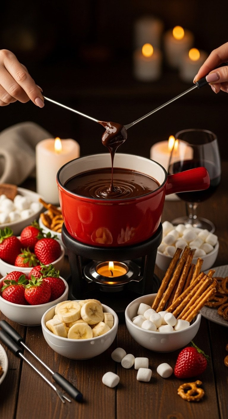 Warm Chocolate Fondue With Fresh Strawberries, Banana, Pretzels, And Marshmallows For Dipping. Cozy Shared Dessert.