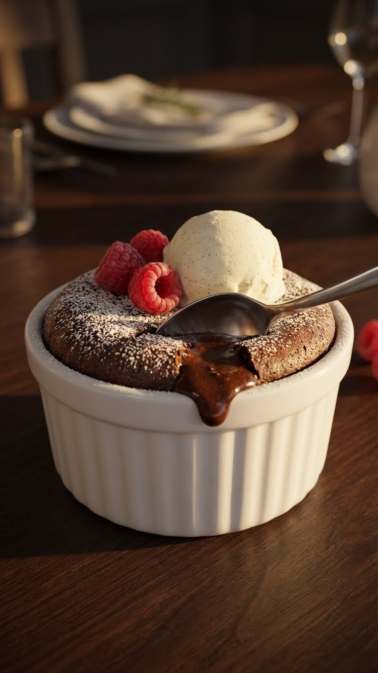 Warm Chocolate Lava Cake With A Molten Center, Vanilla Ice Cream, And Raspberries On A Dark Wooden Table.