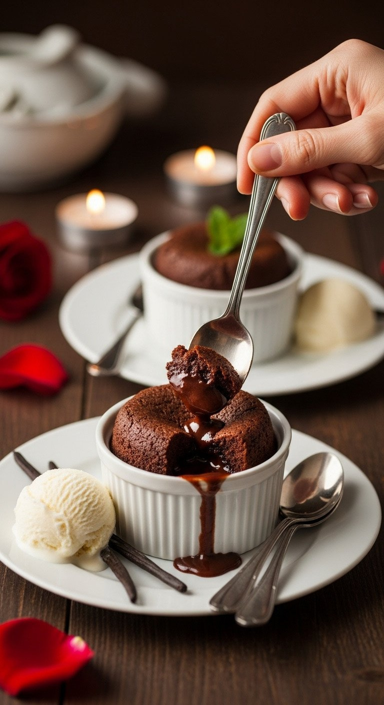 Warm Chocolate Lava Cakes For Two, One Oozing Molten Center With Vanilla Bean Ice Cream And Silver Spoons On A Dark Table.