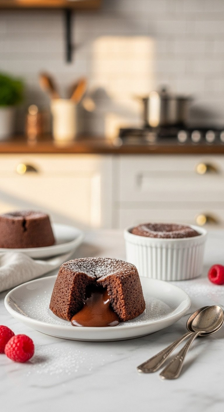 Warm Chocolate Lava Cakes, Molten Center Oozing, In White Ramekins. Powdered Sugar, Red Raspberry, Silver Spoons On Marble. Golden Hour Light.