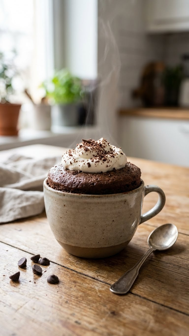 Warm Chocolate Microwave Mug Cake Topped With Whipped Cream And Chocolate Shavings In A Ceramic Mug On A Wooden Table.