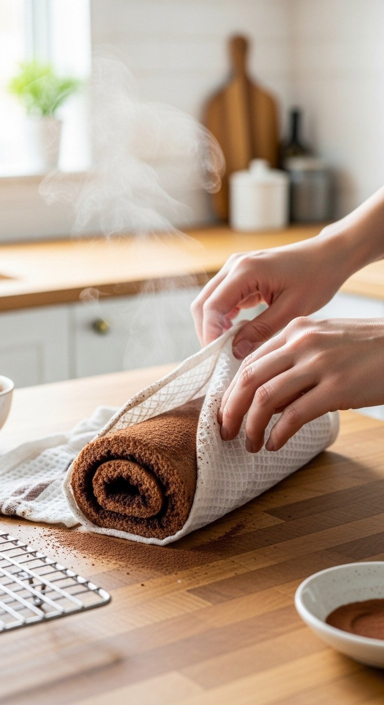 Warm Chocolate Sponge Cake Gently Rolled In A Cocoa-Dusted Tea Towel On A Butcher Block, Showing Flexibility, Steam.