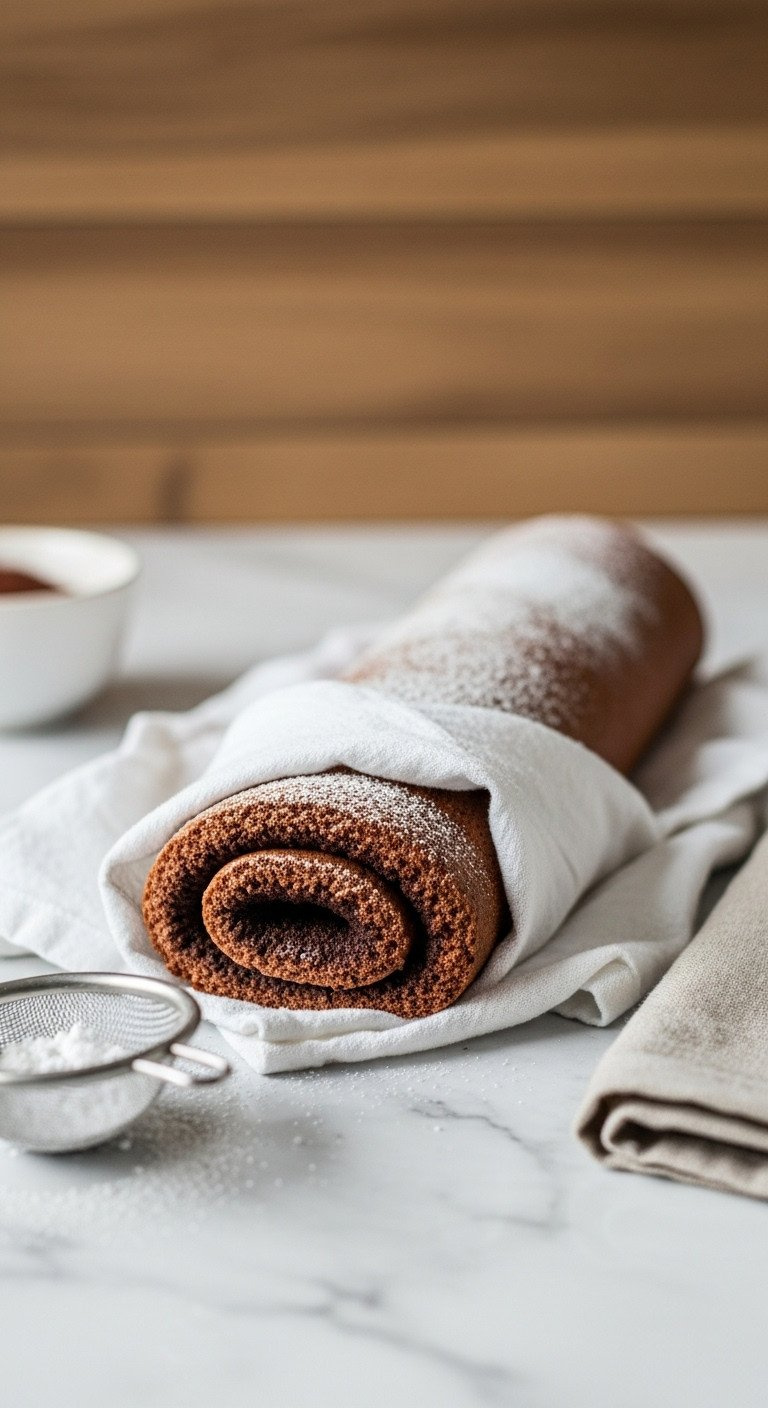 Warm Chocolate Sponge Cake Gently Rolled In Powdered Sugar Dusted White Tea Towel. Moist Cake, Steam, Marble Counter, Sifter.