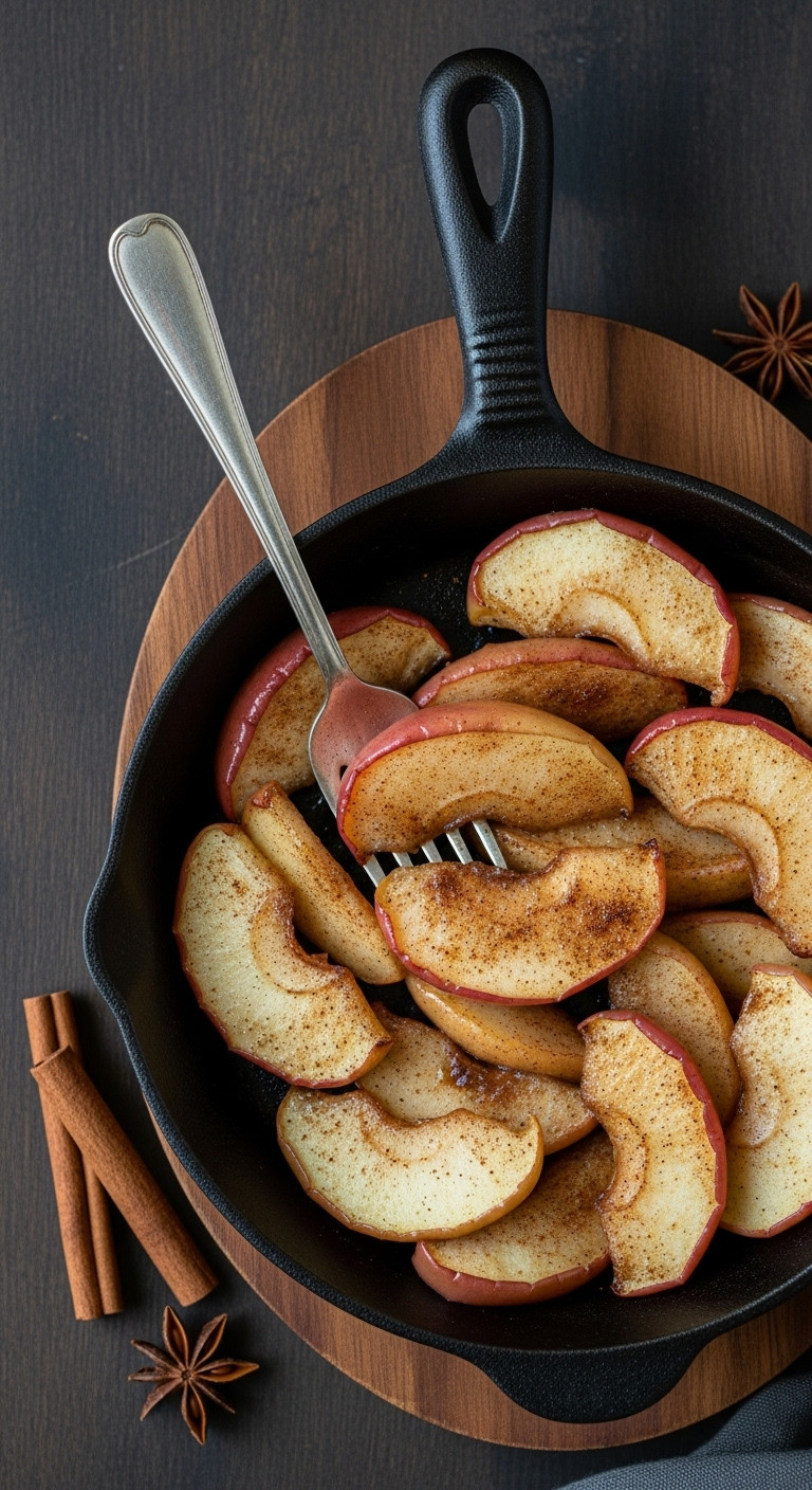 Warm Cinnamon-Baked Apple Slices, Caramelized In A Rustic Cast-Iron Skillet, Glistening With Buttery Glaze, Perfect Fall Dessert.