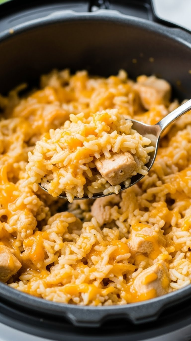Warm, Comforting Instant Pot Cheesy Chicken And Rice, Presented Beautifully For A Family Meal On A Blurred Kitchen Counter.