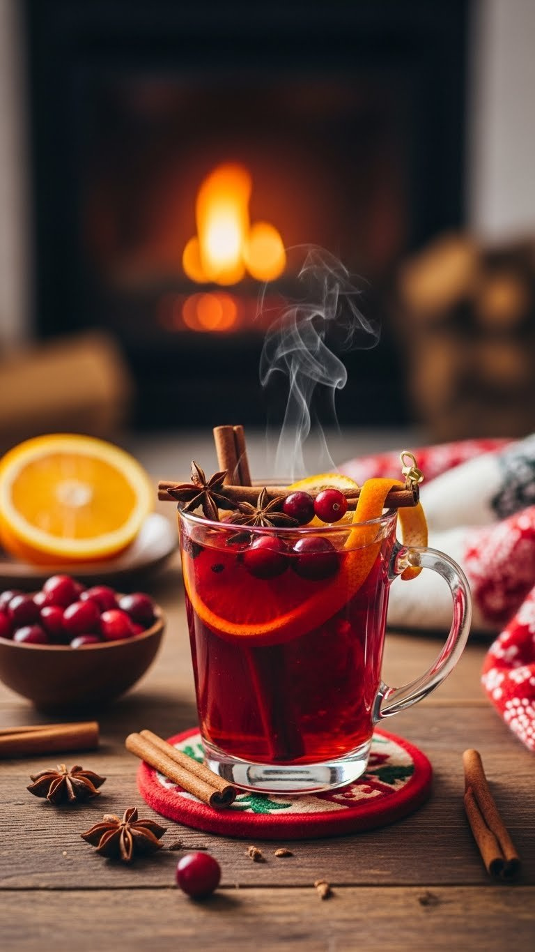 Warm Cranberry Red Bull Drink With Cinnamon Sticks In Festive Mug On Rustic Holiday Table
