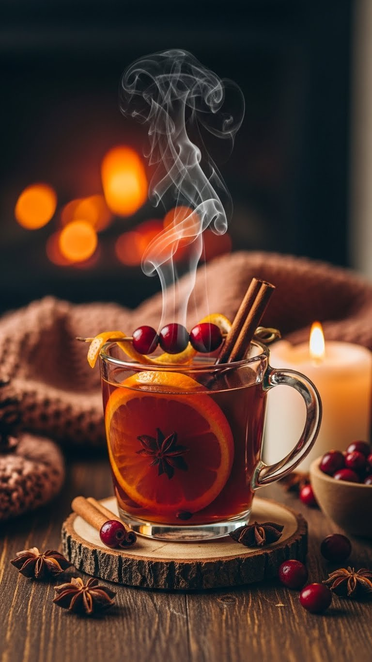 Warm Cranberry Cinnamon Toddy With Steaming Mug And Cinnamon Stick On Rustic Wood