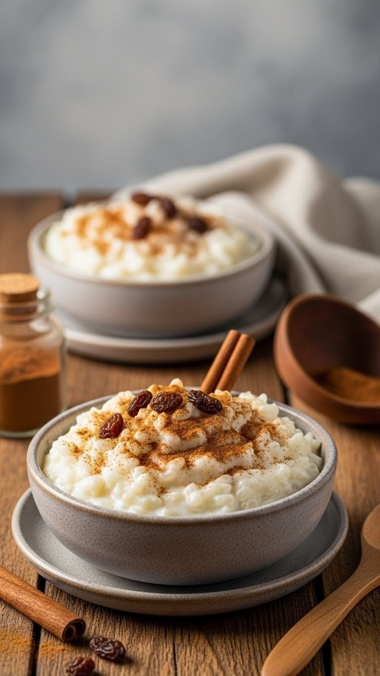 Warm, Creamy Mexican Arroz Con Leche Rice Pudding, Garnished With Cinnamon And Raisins, With Cinnamon Stick In Rustic Bowl.
