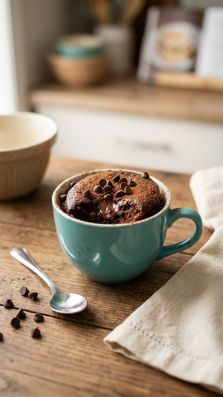 Warm Easy Chocolate Mug Cake With A Gooey Center, Mini Chocolate Chips, A Spoon, And A Cozy Napkin On A Rustic Wooden Table.