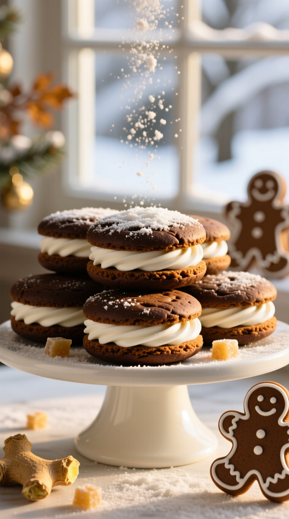Warm Gingerbread Whoopie Pies, Dark Spiced Cookies, Thick White Cream Cheese Filling, On White Stand, Inviting Holiday Dessert.