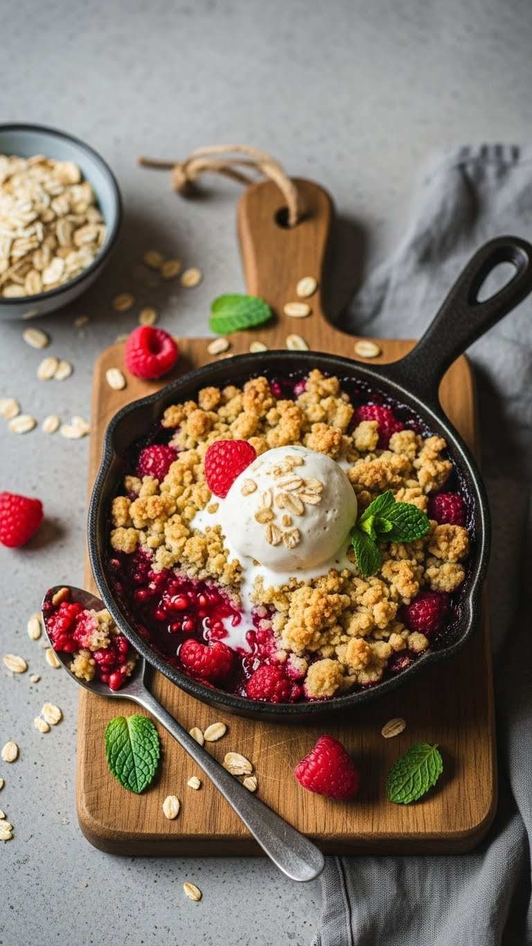 Warm Gluten-Free Raspberry Crumble With Golden Oat Topping, Melting Vanilla Ice Cream In A Skillet, Cozy Golden Hour Light.