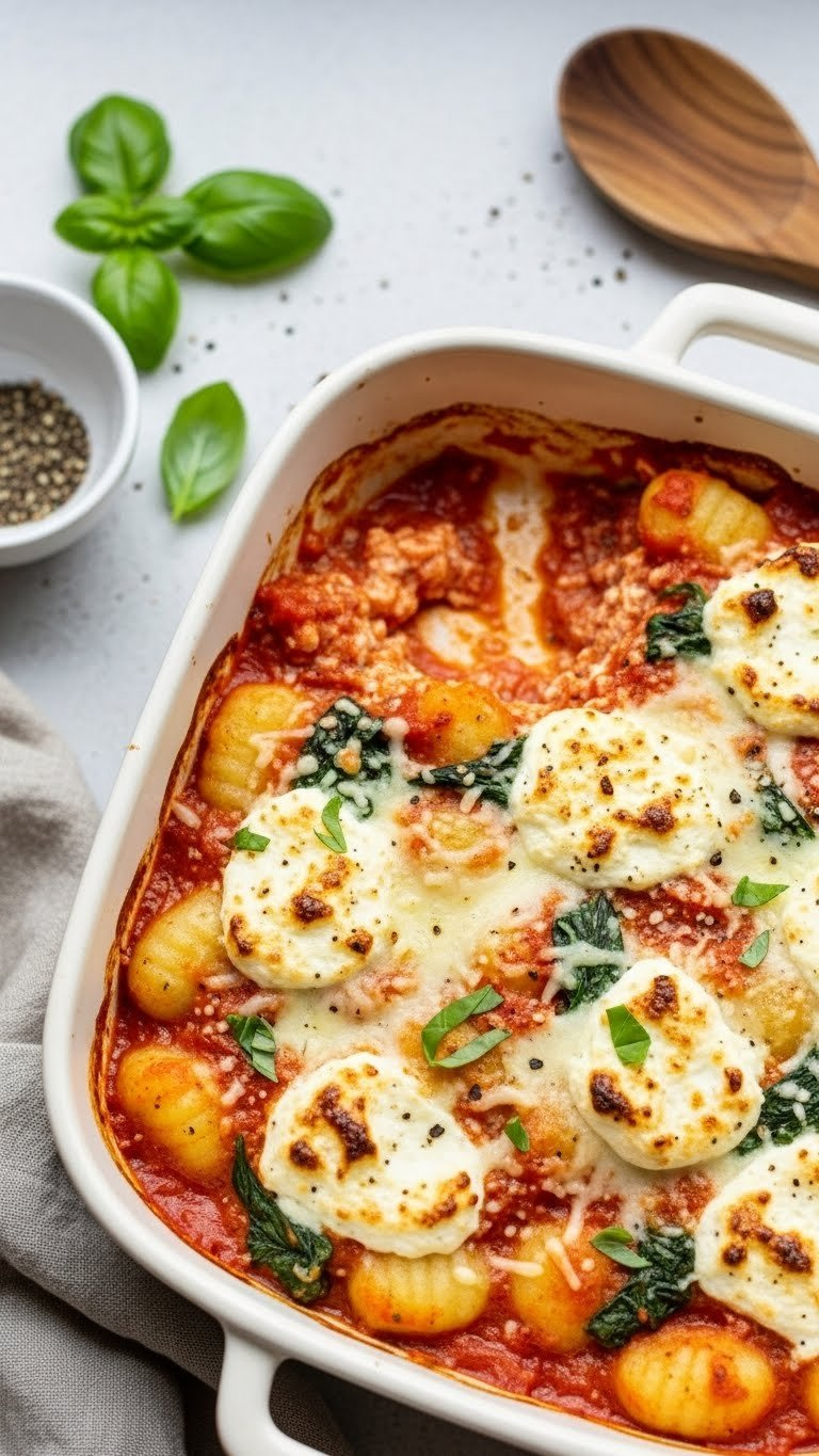 Warm Gnocchi Bake With Spinach, Ricotta, And Mozzarella Cheese Bubbling In Creamy Tomato Sauce In White Ceramic Dish.