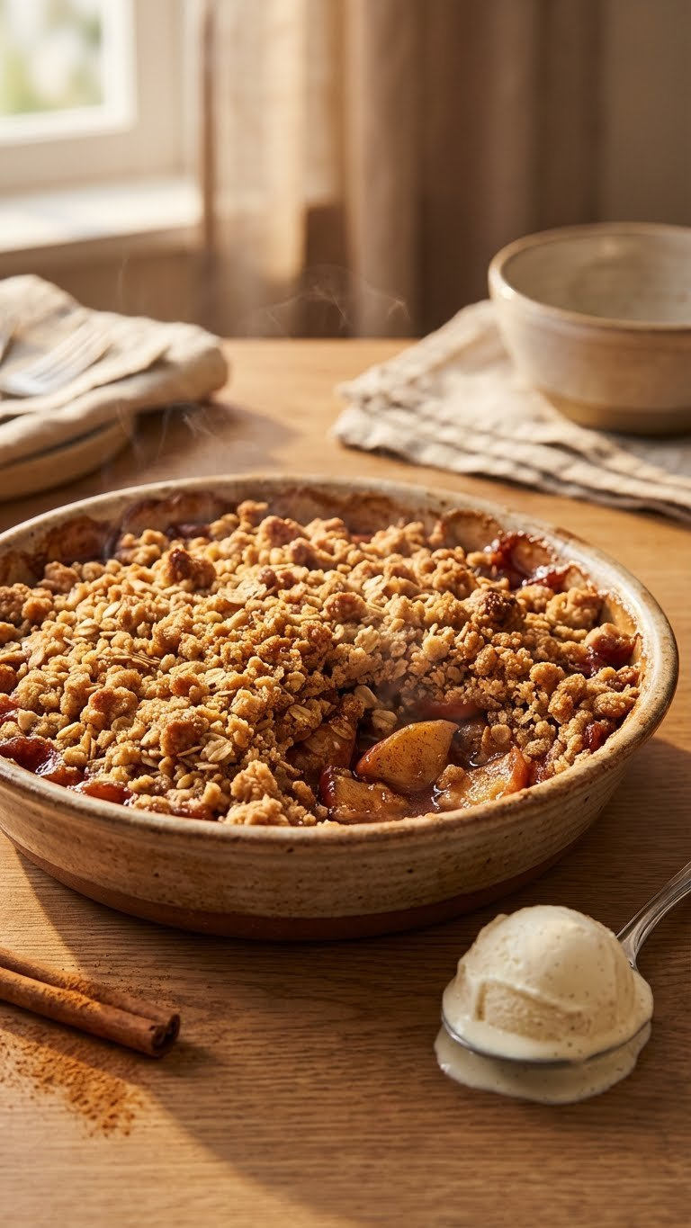 Warm Golden-Brown Apple Crumble With Streusel Topping In A Rustic Dish, Served On A Wooden Table With Vanilla Ice Cream.