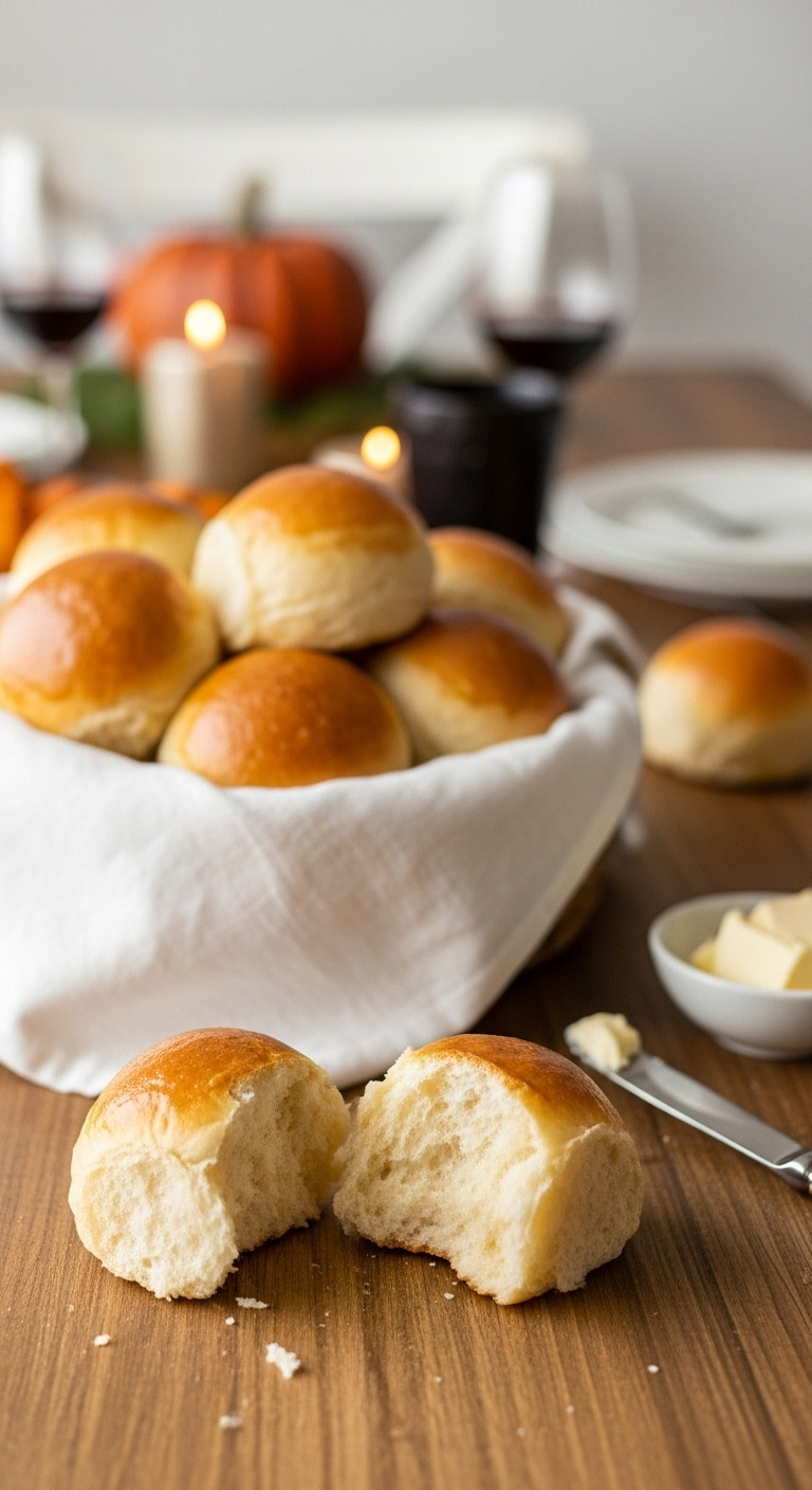Warm, Golden-Brown Dinner Rolls In A Cloth-Lined Basket On A Wooden Table, One Broken Open To Show Soft Interior.