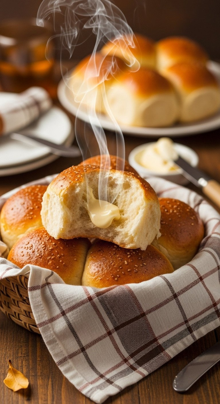 Warm, Golden-Brown Fluffy Dinner Rolls In A Checkered Basket, One Broken Open, With Butter, Perfect For Thanksgiving.