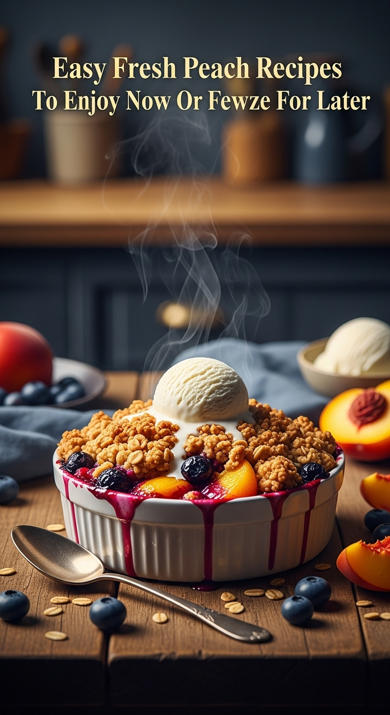 Warm Golden-Brown Peach And Blueberry Crisp In A Ceramic Ramekin With Oat Topping And Melting Ice Cream